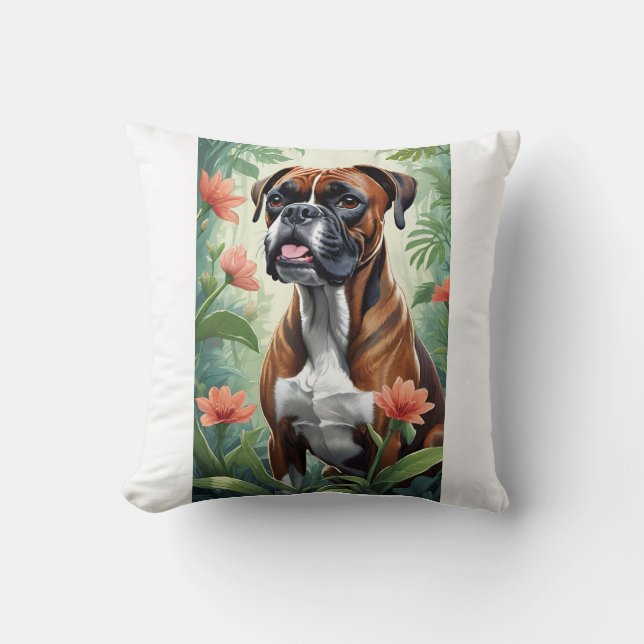 Boxer Dog with Flowers Decorative Pillow (Front)