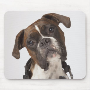 boxer dog with headphones mouse pad