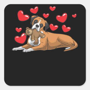 Boxer dog with stuffed animal and hearts square sticker