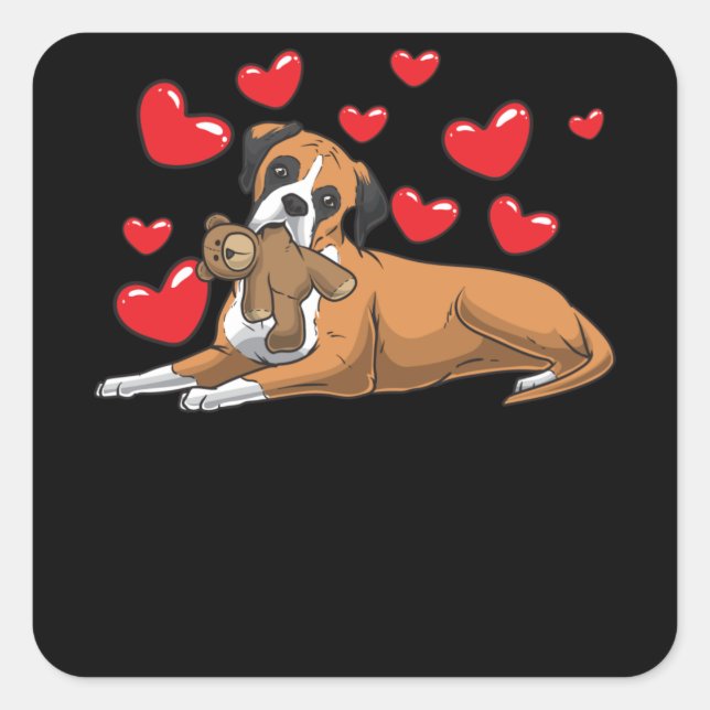 Boxer dog with stuffed animal and hearts square sticker (Front)