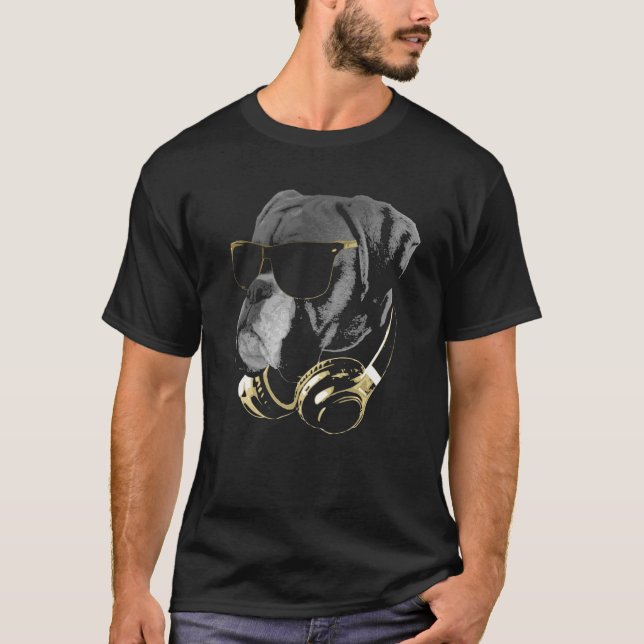 Boxer Dog With Sunglasses And Headphones T-Shirt (Front)