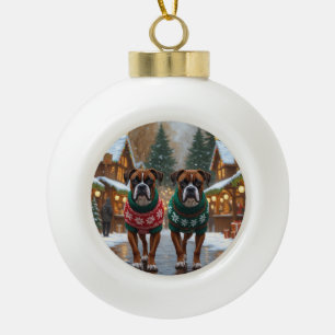 Boxer Dogs Christmas Snow Holiday  Ceramic Ball Christmas Ornament