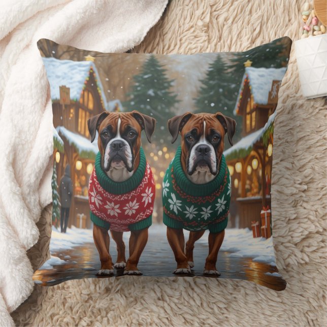 Boxer Dogs Christmas Snow Holiday  Cushion (Blanket)