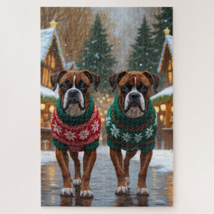 Boxer Dogs Christmas Snow Holiday  Jigsaw Puzzle