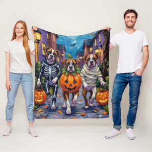 Boxer Dogs Trick-or-Treating in Halloween Costumes Fleece Blanket
