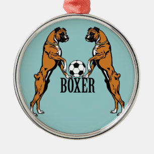 boxer dogs with soccer ball metal ornament