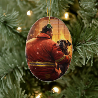 Boxer Gift, Pet Gift, Dog Fireman, Christmas Gift  Ceramic Ornament