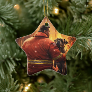 Boxer Gift, Pet Gift, Dog Fireman, Christmas Gift Ceramic Ornament