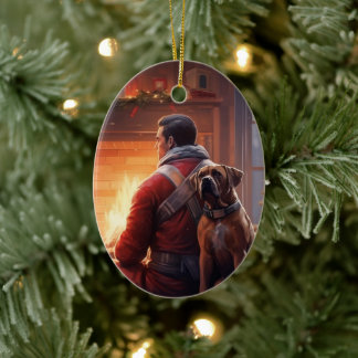 Boxer Gift, Pet Gift, Dog Fireman, Christmas Gift  Ceramic Ornament