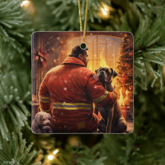 Boxer Gift, Pet Gift, Dog Fireman, Christmas Gift  Ceramic Ornament