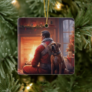 Boxer Gift, Pet Gift, Dog Fireman, Christmas Gift Ceramic Ornament