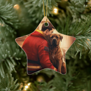 Boxer Gift, Pet Gift, Dog Fireman, Christmas Gift Ceramic Ornament