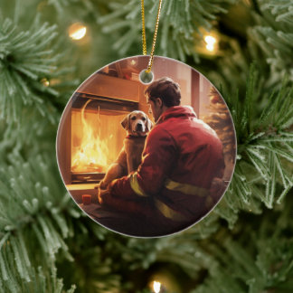 Boxer Gift, Pet Gift, Dog Fireman, Christmas Gift  Ceramic Ornament