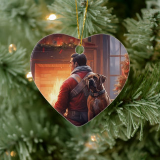 Boxer Gift, Pet Gift, Dog Fireman, Christmas Gift  Ceramic Ornament