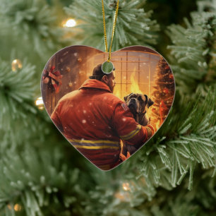 Boxer Gift, Pet Gift, Dog Fireman, Christmas Gift Ceramic Ornament