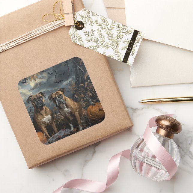 Boxer Halloween Night Doggy Delight Square Sticker (Gifting)