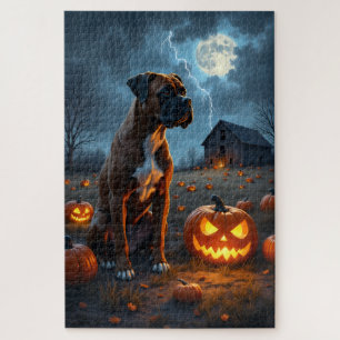 Boxer Haunted Pumpkin Patch Halloween Art Jigsaw Puzzle
