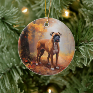 Boxer in Autumn Leaves Fall Inspire  Ceramic Ornament