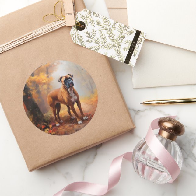 Boxer in Autumn Leaves Fall Inspire  Classic Round Sticker (Gifting)