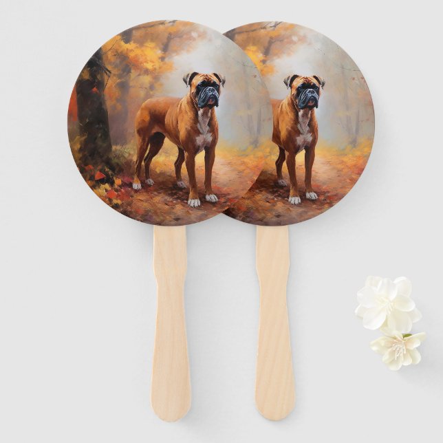 Boxer in Autumn Leaves Fall Inspire  Hand Fan (Front and Back)
