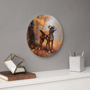 Boxer in Autumn Leaves Fall Inspire  Large Clock