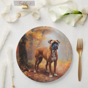 Boxer in Autumn Leaves Fall Inspire  Paper Plate