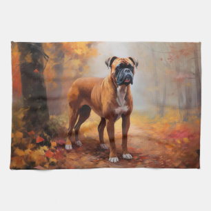 Boxer in Autumn Leaves Fall Inspire Tea Towel