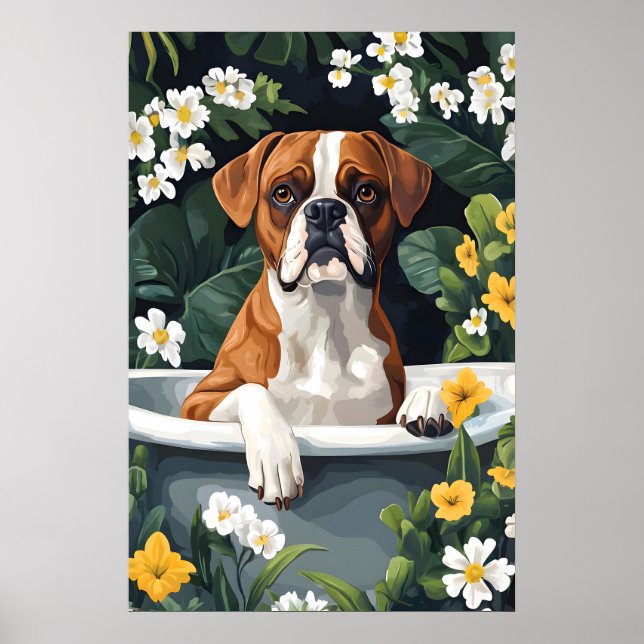 Boxer In Bathtub Poster, Funny Dog Poster, Boxer Poster (Front)