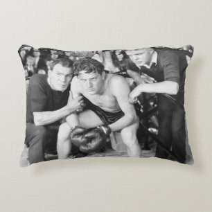 Boxer in corner with trainersboxing, vintage, retr decorative cushion