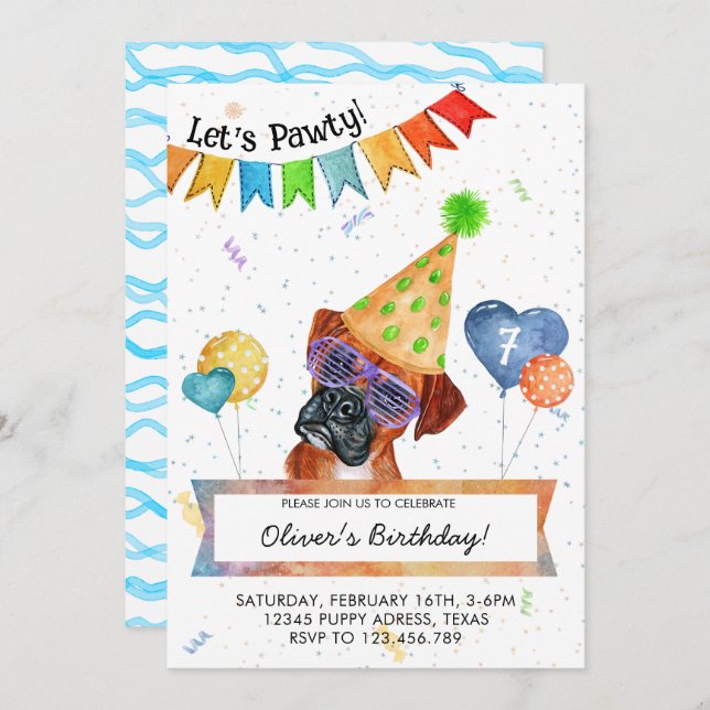 Boxer Lets Pawty Dog Birthday Party Invitation (Front/Back)
