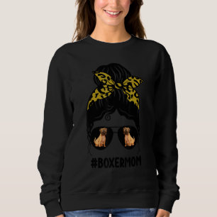 Boxer Mum Messy Bun Hair Leopard Print Glasses Dog Sweatshirt