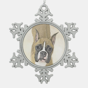 Boxer Painting - Cute Original Dog Art Snowflake Pewter Christmas Ornament