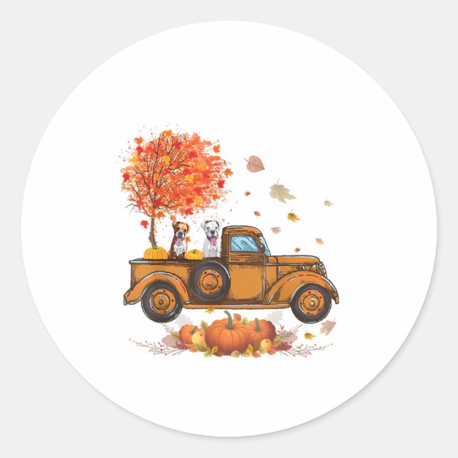 Boxer Pumpkins Truck Autumn Leaf Fall thanksgiving Classic Round Sticker (Front)