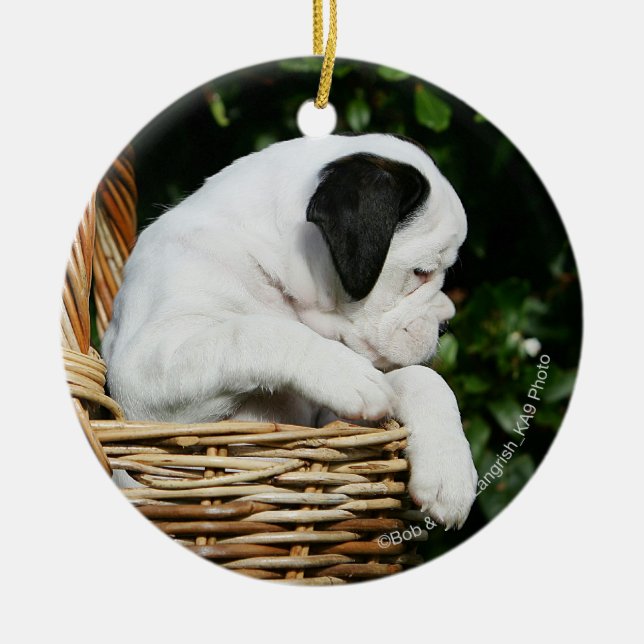 Boxer Puppies in Basket Ceramic Tree Decoration (Front)