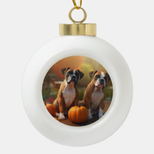 Boxer Puppy Autumn Delight Pumpkin  Ceramic Ball Christmas Ornament