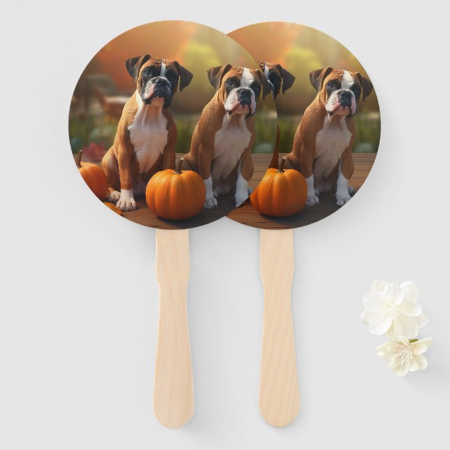 Boxer Puppy Autumn Delight Pumpkin  Hand Fan (Front and Back)