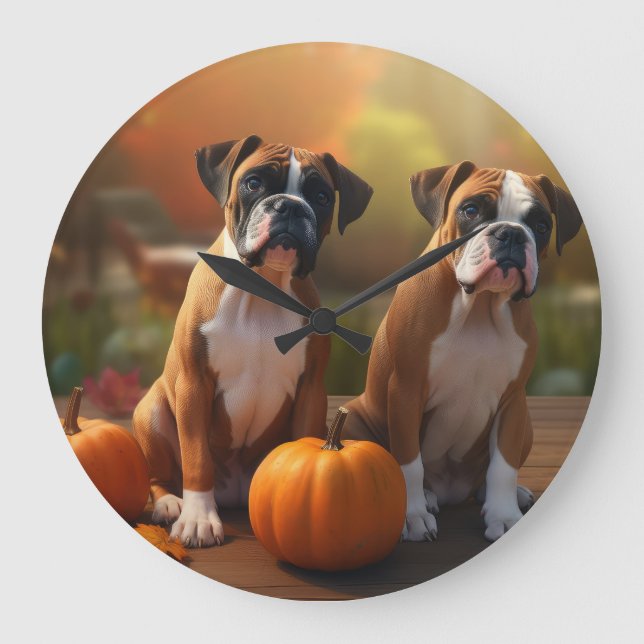 Boxer Puppy Autumn Delight Pumpkin  Large Clock (Front)