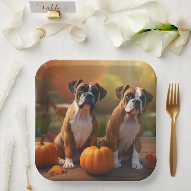 Boxer Puppy Autumn Delight Pumpkin  Paper Plate (Wedding)