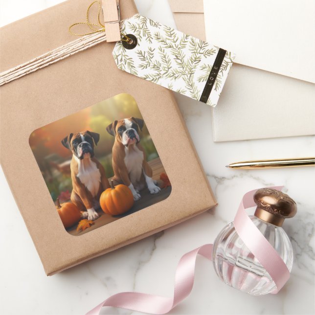 Boxer Puppy Autumn Delight Pumpkin  Square Sticker (Gifting)
