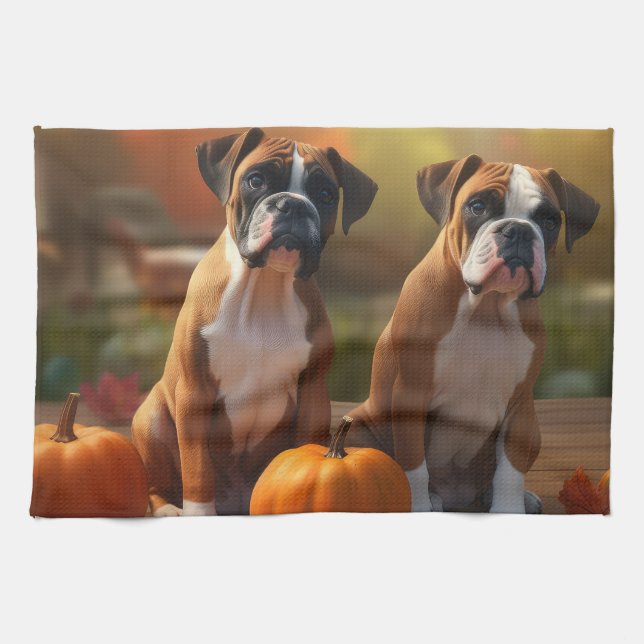 Boxer Puppy Autumn Delight Pumpkin  Tea Towel (Horizontal)
