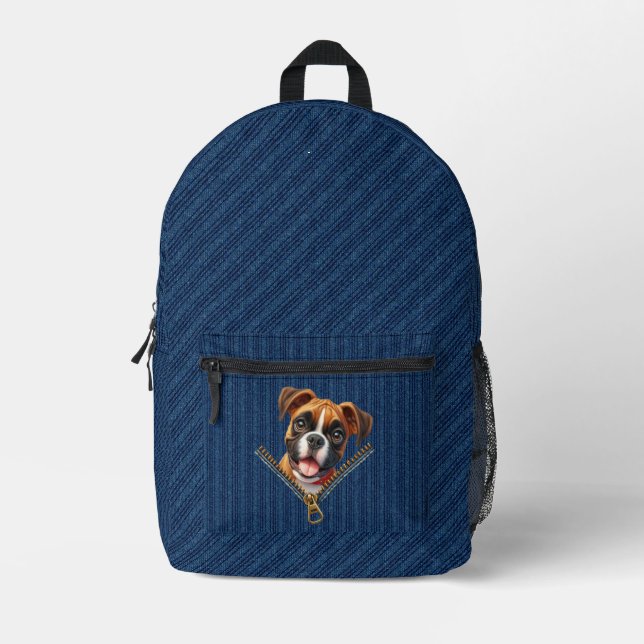 Boxer Puppy Denim Cloth Printed Backpack (Front)