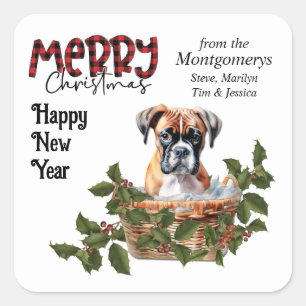 Boxer Puppy Holly Basket Christmas Square Sticker