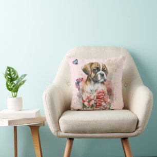 Boxer puppy in flowers cushion