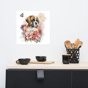 Boxer puppy in flowers poster