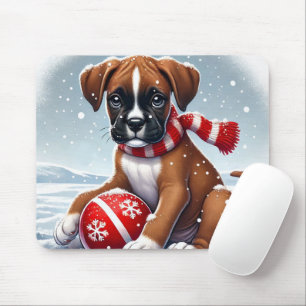 Boxer Puppy in Snowy Scenery Holding a Ball Mouse Pad