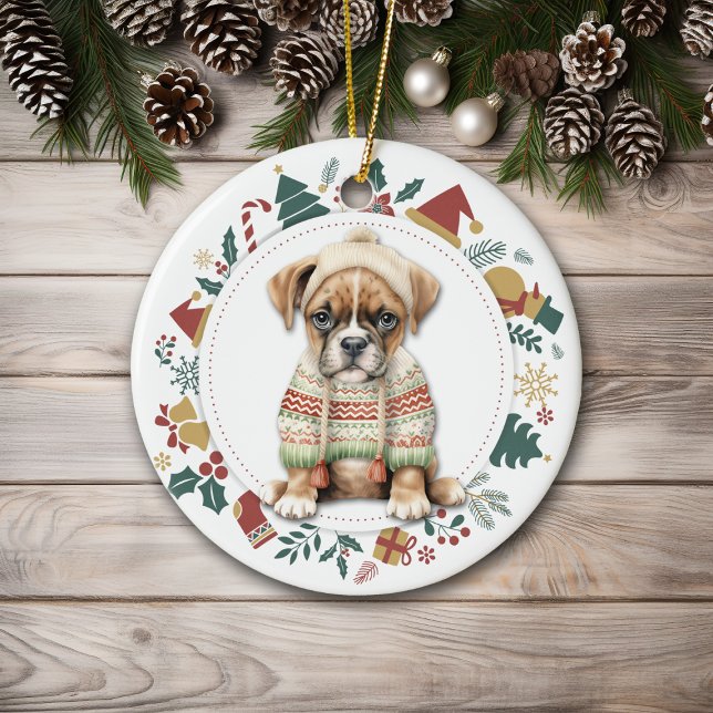 Boxer Puppy in Winter Sweater Christmas Ceramic Ornament (Creator Uploaded)