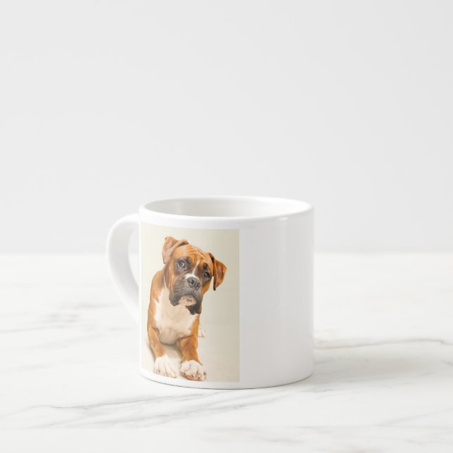 Boxer puppy on ivory cream backdrop. espresso cup (Front Left)