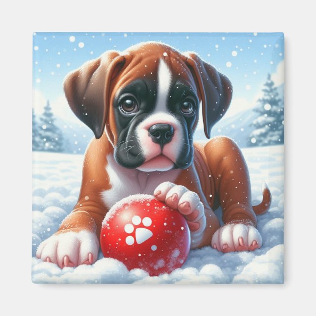 Boxer Puppy Playing in Snow with a Red Toy Ball Magnet (Front)