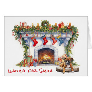 Boxer Puppy Waiting on Santa Christmas Fireplace