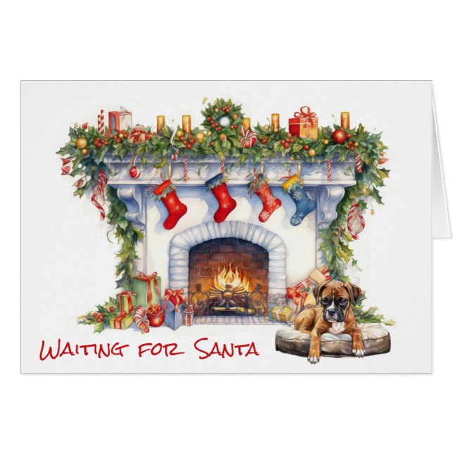 Boxer Puppy Waiting on Santa Christmas Fireplace (Front Horizontal)